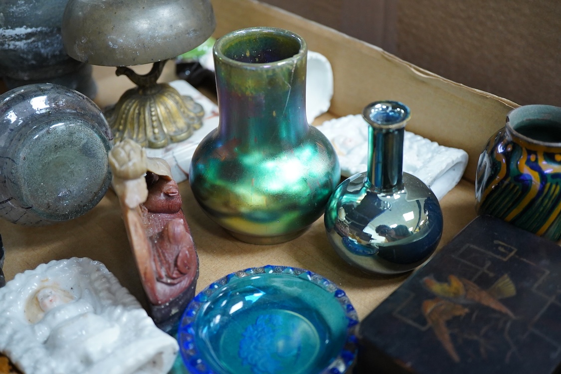 A collection of sundry items to include a carved bust of Nefertiti, crystal specimens, Roman style vase with trailed decoration and a table bell